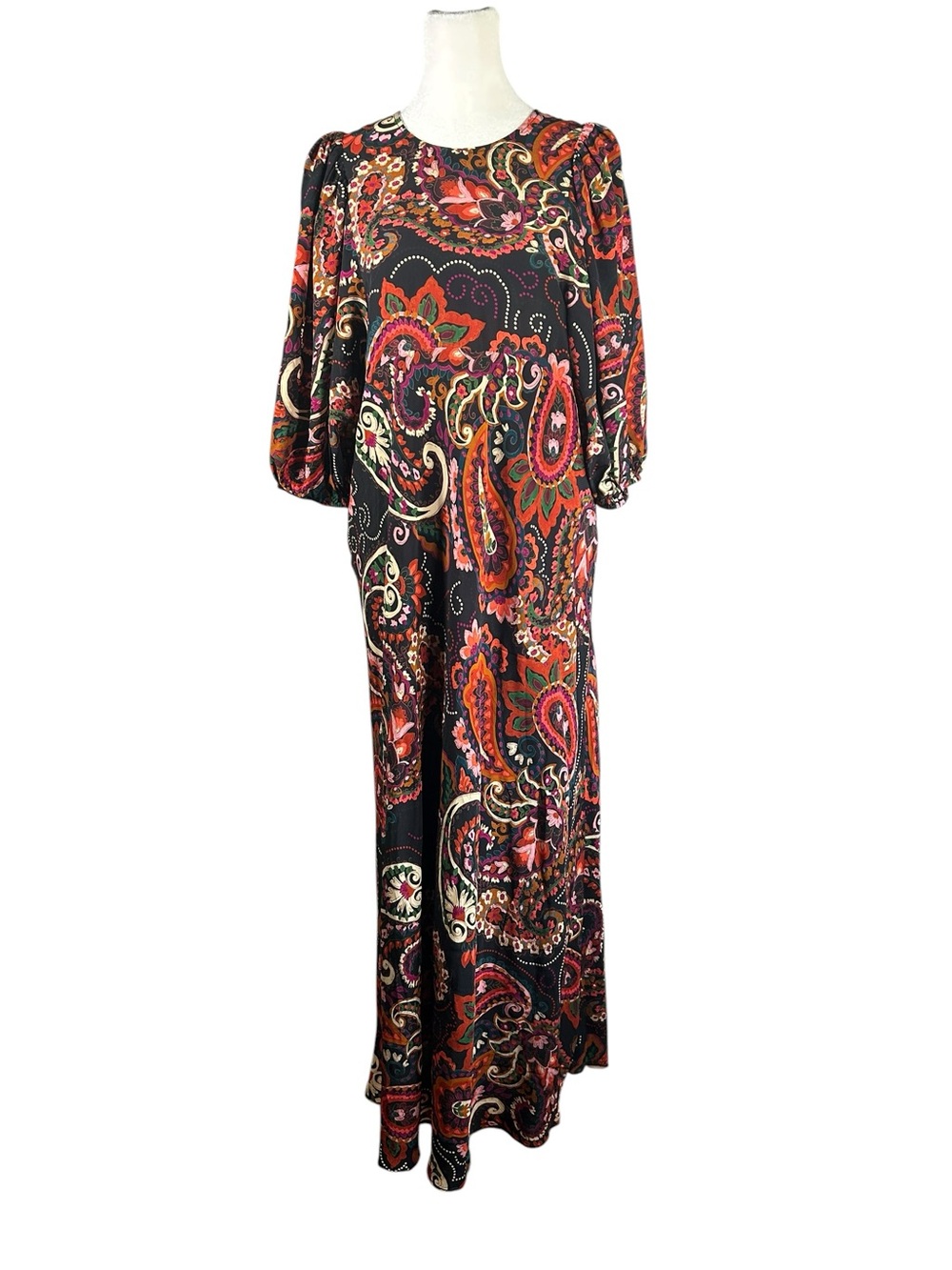 Whimsigoth Anthropologie Kachel Paisley Satin Puff Sleeve Boho Maxi Dress Size M